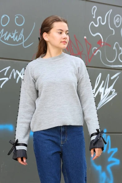 Boncuklu bile detaylı kazak gri - Resim 3