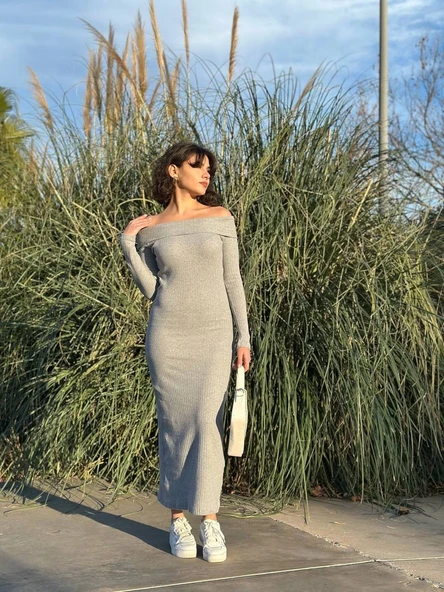 Madonna yaka uzun elbise şardonlu kumaş gri w3753 - Resim 8