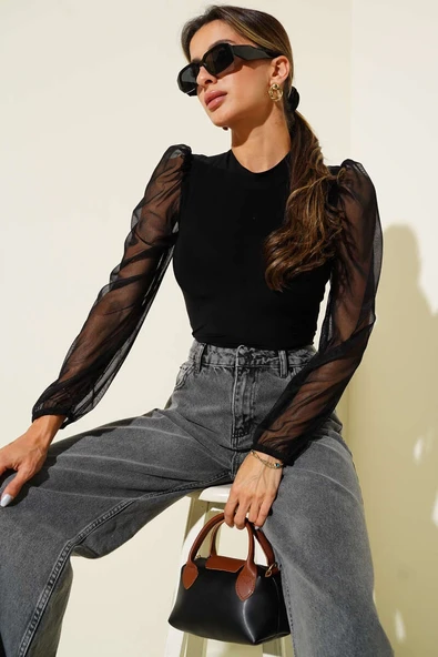 Dik yaka tül kollu bluz siyah t3066 - Resim 4