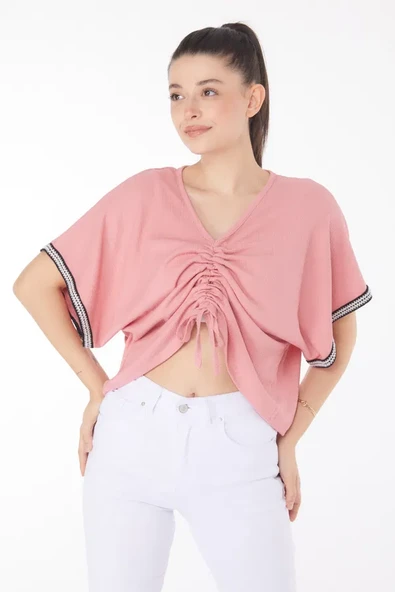 V yaka büzgülü detaylı bluz - Resim 4