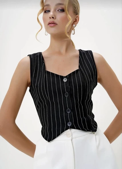 Çizgili krep düğmeli yelek siyah s3395 - Resim 5