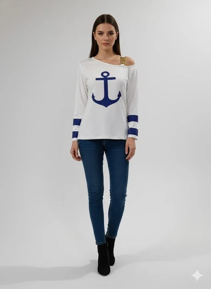 Kadın Uzun Kollu Kayık Yaka Omuz Dekoltesi Ve Toka Detaylı Bluz ürün görseli 1