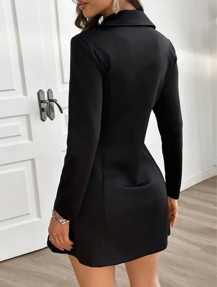 Kadın Uzun Kollu Yakalı Fermuarlı Düğme Detaylı Kısa Scuba Ceket - Resim 4