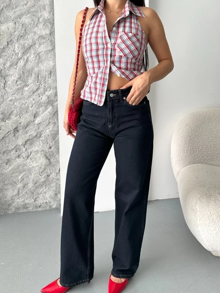 Palazzo süper taş enzim tint yıkama koyu lacivert jeans pantolon d2008 - Resim 4