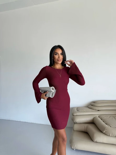 Prenses kol esnek kumaş elbise bordo f2334 - Resim 6