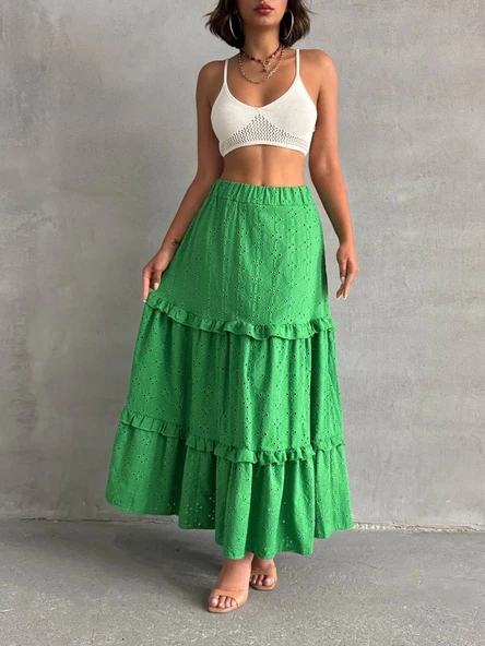 Fırfırlı brodeli astarlı uzun etek yeşil s255047 - Resim 6