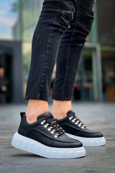 KB-X10 Kuback Siyah Cilt  Beyaz Yüksek Taban Günlük Spor Ayakkabı - Resim 2