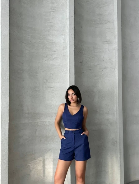 Şortlu keten takım s255014 - Resim 5