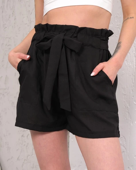 Kuşaklı keten şort siyah s255265 ürün görseli 1