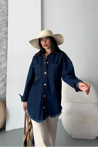 Cepli püsküllü kar yıkama kot ceket koyu mavi d2515 - Resim 2