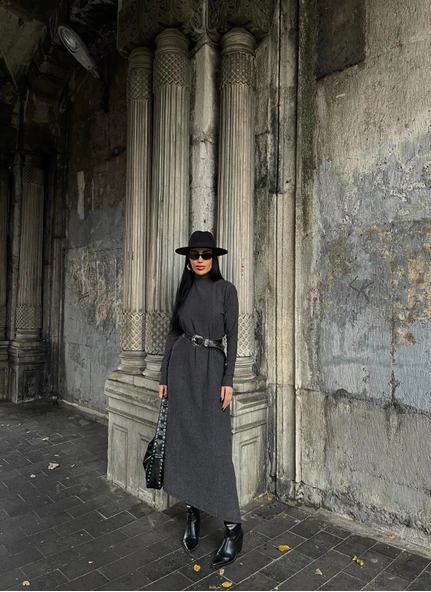 Boğazlı kalın bürümcük uzun elbise siyah - Resim 4