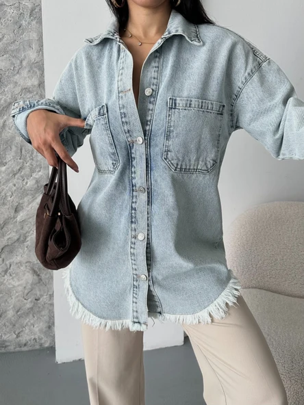 Cepli püsküllü kar yıkama kot ceket mavi d2515 - Resim 6