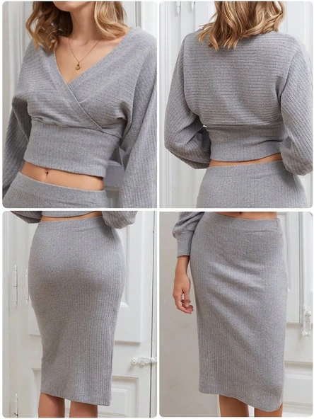 Kruvaze şardonlu etekli takım gri - Resim 5