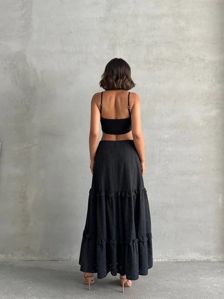 Fırfırlı brodeli astarlı uzun etek siyah s255047 - Resim 5