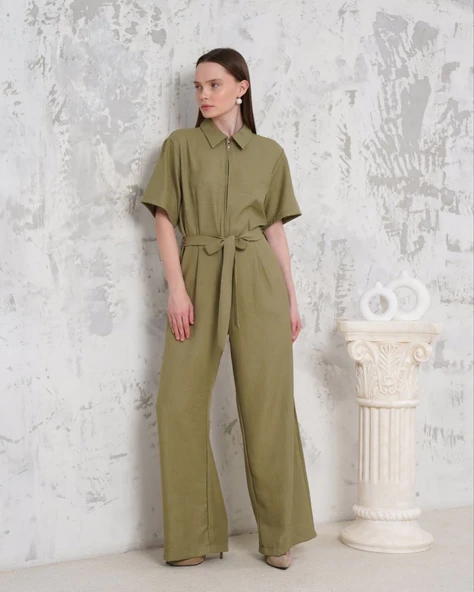 Kuşaklı gömlek yaka salaş tulum haki s255822 - Resim 3