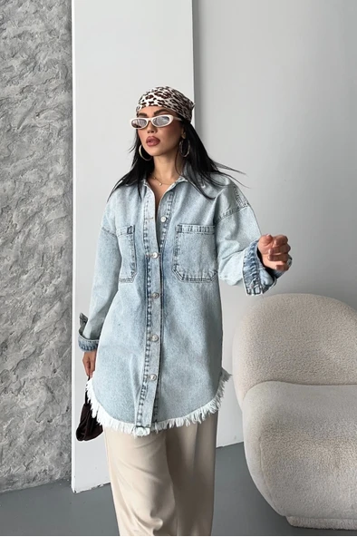 Cepli püsküllü kar yıkama kot ceket mavi d2515 - Resim 2