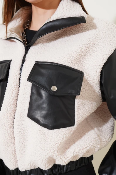 Deri garnili cepli peluş mont siyah t1253 - Resim 2