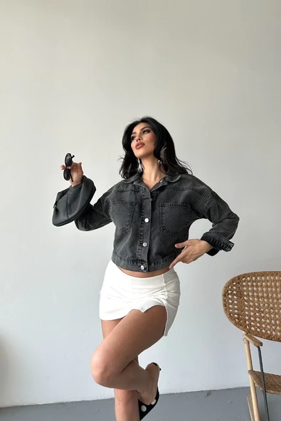 Çift cepli kol katlamalı süper taş enzim yıkama crop kot ceket füme d2000 - Resim 6