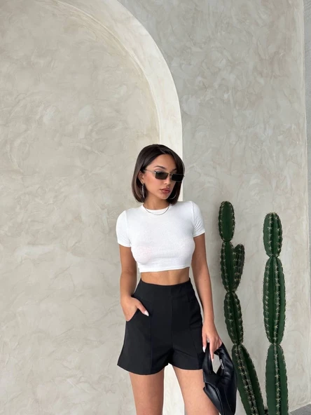 Yüksek bel parçalı double kumaş şort s25312 - Resim 5