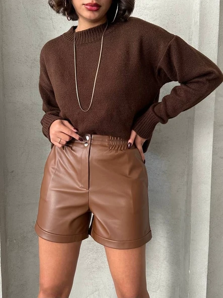 Beli lastikli çıtçıtlı deri şort kahve w241007 - Resim 6