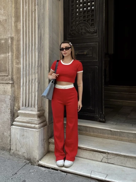 Crop pantolon biyeli takım kırmızı - Resim 5