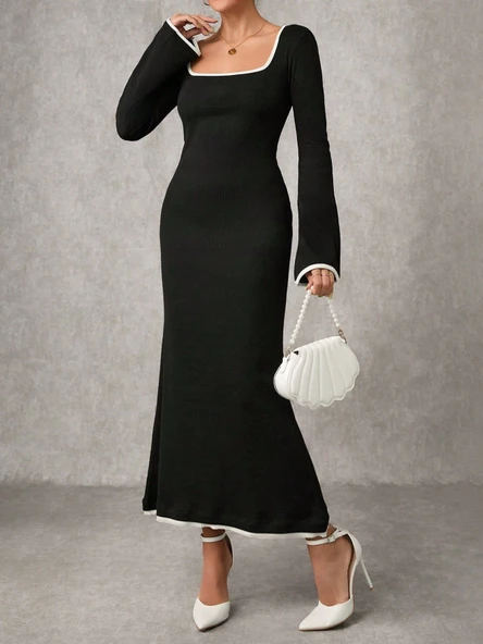 Biyeli uzun elbise siyah - Resim 3