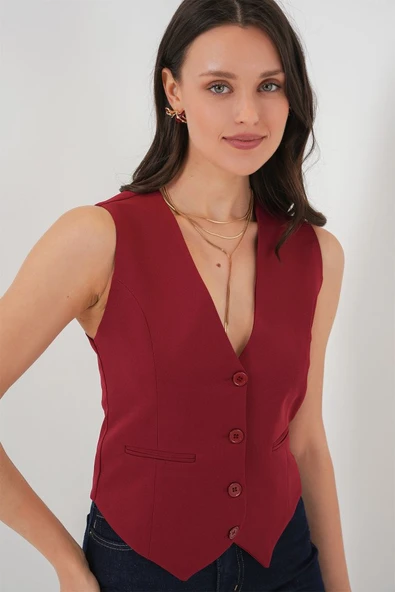 6796 Kısa Dokuma Yelek - Bordo - Resim 3