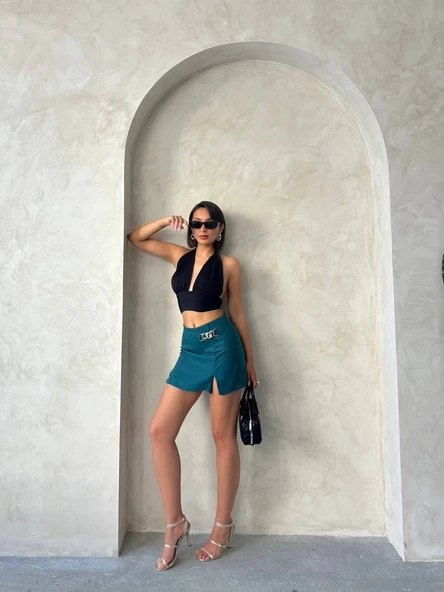 Zincirli şort etek petrol yeşili s24676 - Resim 3