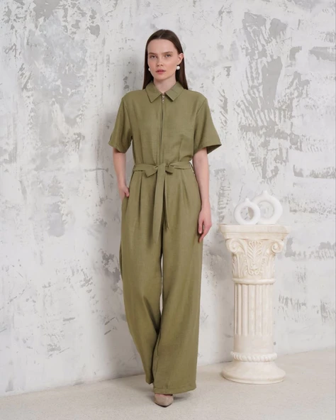 Kuşaklı gömlek yaka salaş tulum haki s255822 - Resim 6