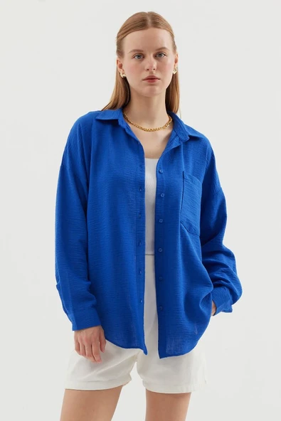 20153 Tek Cepli Oversize Keten Gömlek - C.Saks ürün görseli 1