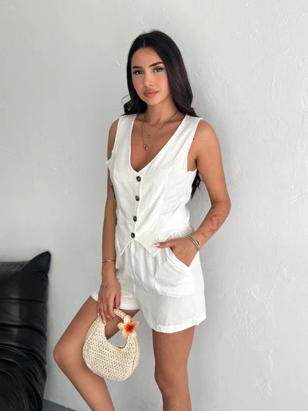 Kadın keten şort yelek takım s3461 - Resim 3