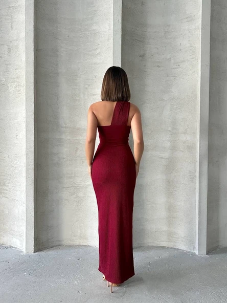 Krinkıl tek omuz uzun elbise bordo s25455 - Resim 3