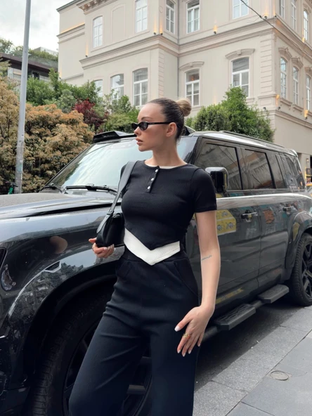 Düğme yakalı siyah alt üst takım s3943 - Resim 6