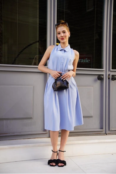 Gömlek yaka kemerli elbise mavi s255061 - Resim 7