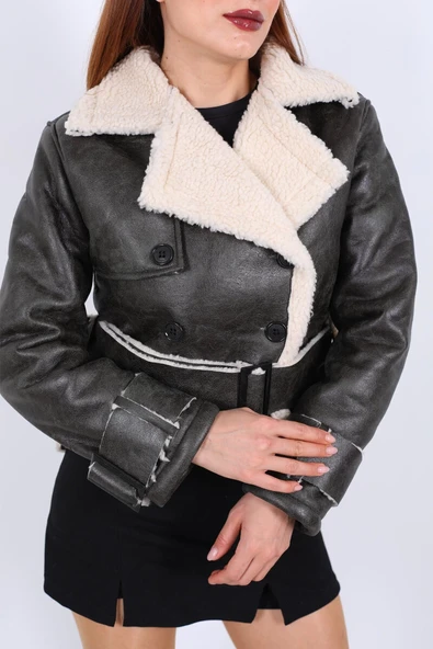 Kürklü Suni Deri Kemerli Haki Kadın Kısa Mont T1256 - Resim 6