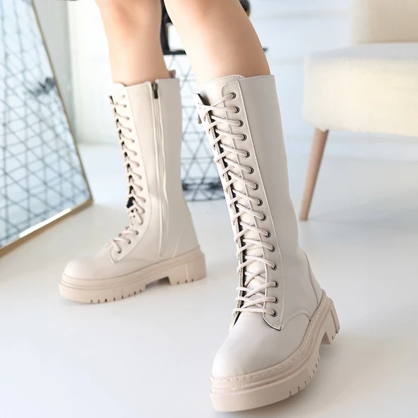 Mennd Bej Cilt Bağcıklı Çizme - Resim 4