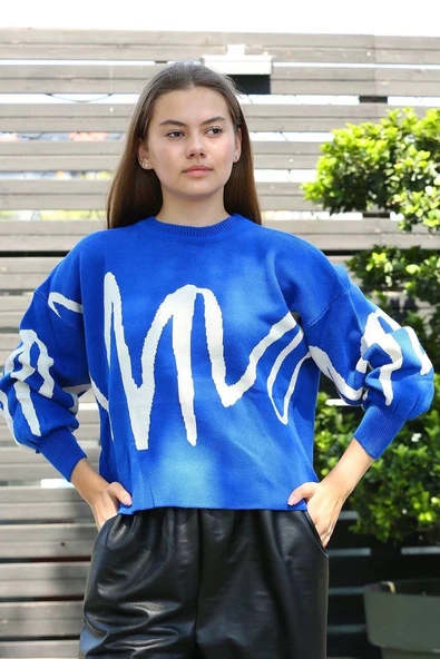 Beyaz çizgili bisiklet yaka kazak saksmavisi - Resim 2