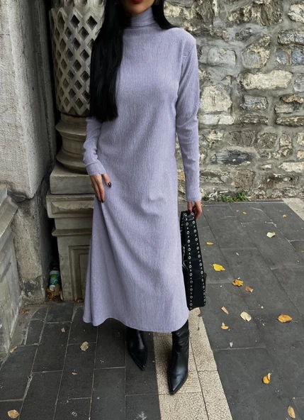 Boğazlı kalın bürümcük uzun elbise gri - Resim 3