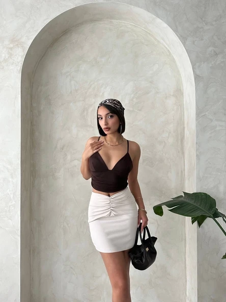 Önü büzgülü etek bej s24222 - Resim 3