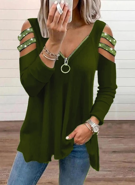 Kadın Haki Kolları Taş Işlemeli Uzun Kol Fermuarlı Viskon Bluz - Resim 2