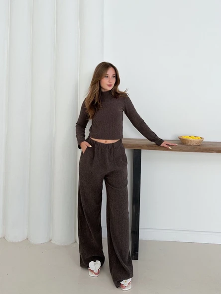 Balıkçı yaka örme takım kahve st265865 ürün görseli 1