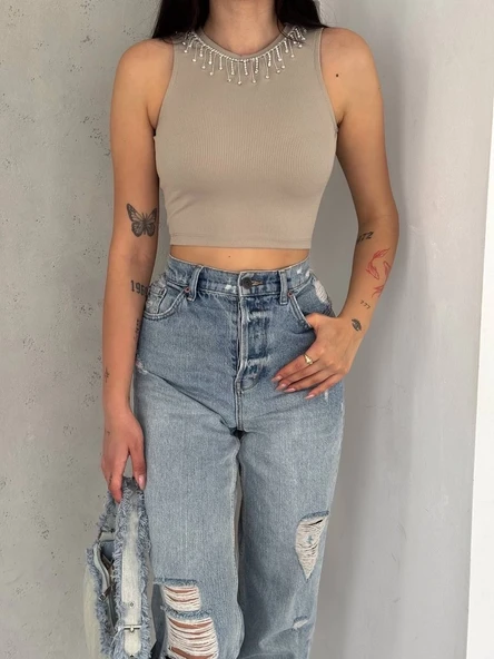 fitilli kaşkorse yakası zincirli atlet vizon - Resim 6