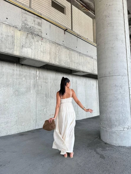 Dantelli askılı keten elbise s4310 - Resim 2