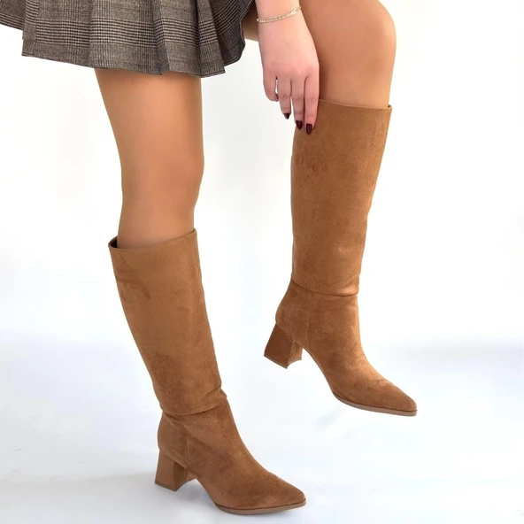 Roksa Taba Süet Topuklu Çizme - Resim 4