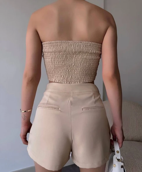Arkadan büzgülü esnek büstiyer bej - Resim 2