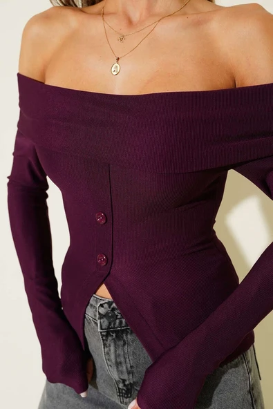 Madonna Yaka Düğmeli Bluz Mürdüm t4329 - Resim 4