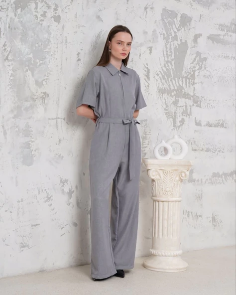 Kuşaklı gömlek yaka salaş tulum gri s255822 - Resim 5