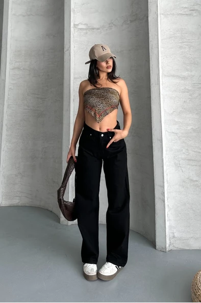 Palazzo straight enzim süper taş yıkama jeans pantolon siyah d2008 - Resim 6