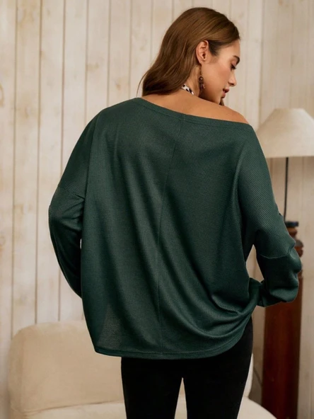 Kadın Tek Omuzdan Açık Yarasa Kollu Waffle Bluz - Resim 4