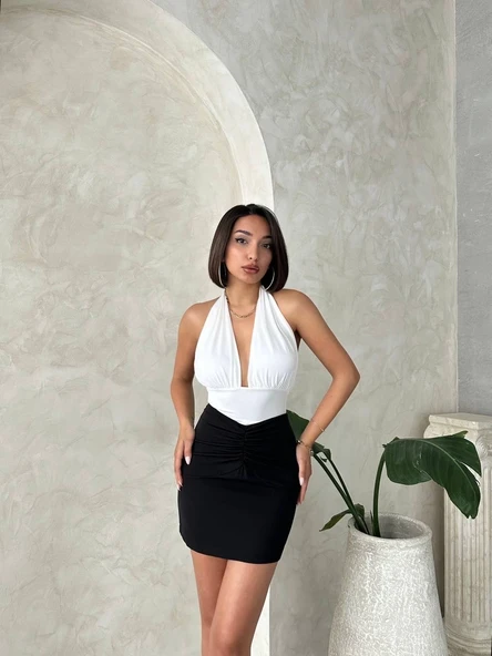 Önü büzgülü etek siyah s24222 - Resim 5